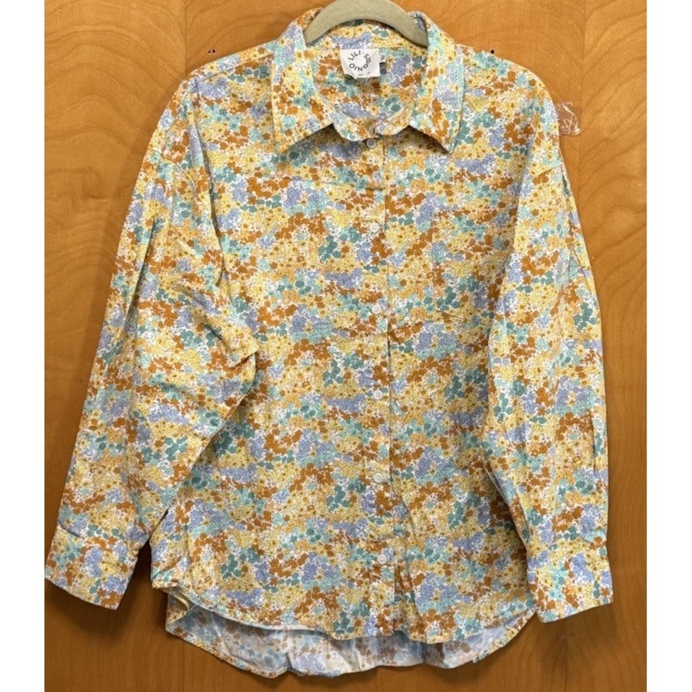 Lili Sidonio‎ Womens Oversized Ditsy Floral 100% Cotton Button Up Shirt Sz L